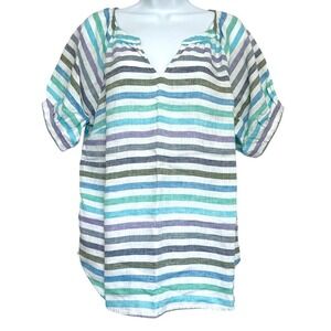 Talbots Womens M 100% Linen Pullover‎ Top Blue Stripe Puff Sleeve Coastal Sailor
